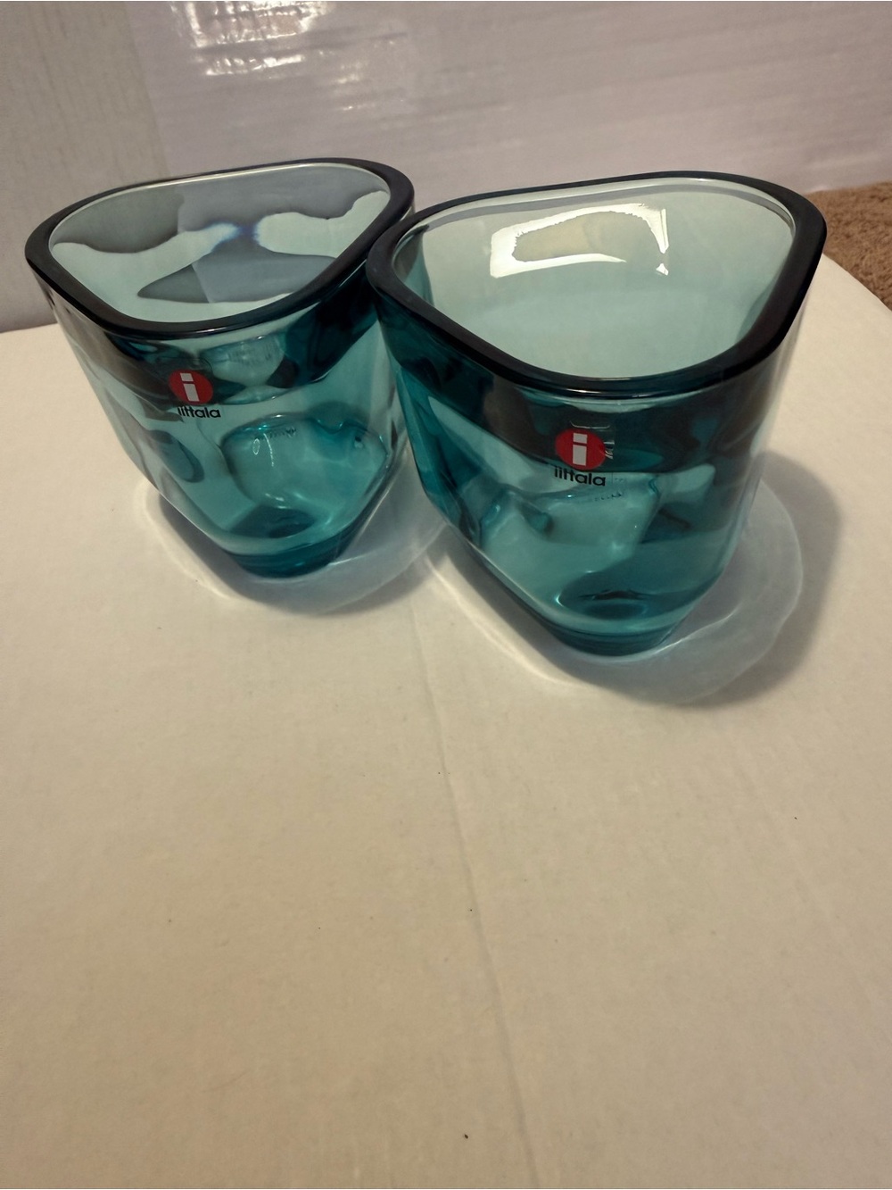 Iittala Teal Blue Alvar Aalto Sculpted Glass Votives - Pair